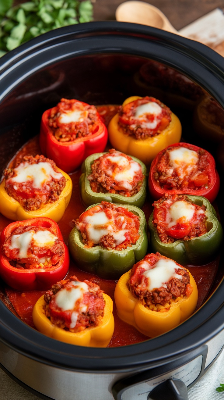 Stuffed bell peppers in a slow cooker filled with ground beef, rice, and melted cheese, ready to serve.